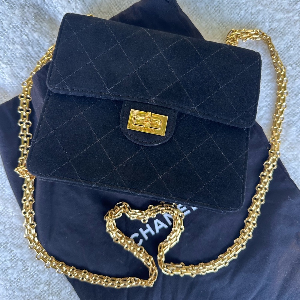 Chanel square flap black suede 24kt gold hardware